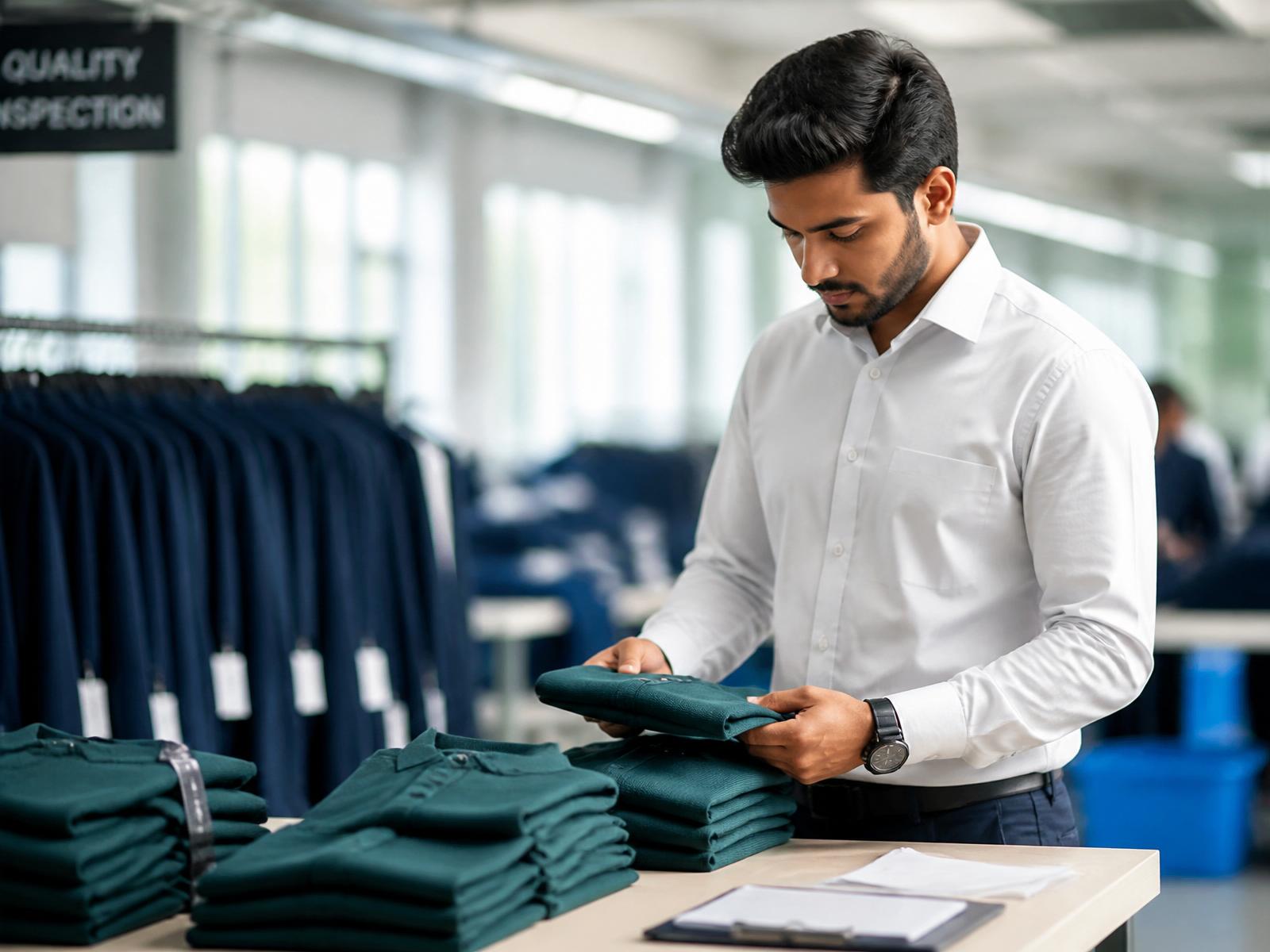 Garment quality inspector reviewing finished apparel in a factory